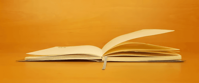 An open notebook with a yellow background